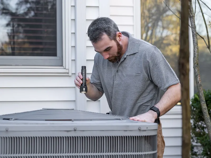 HVAC technician inspecting an outdoor AC unit