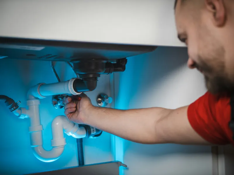 Plumber fixing the pipes under a sink